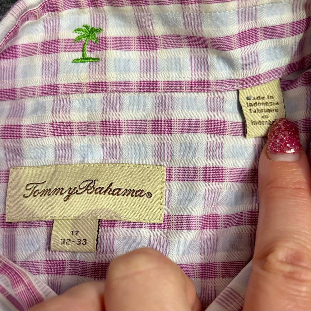 Tommy Bahama Shirt Men’s 17 32-33 Plaid Cotton Lightweight Corpcore Pink White - Picture 5 of 13